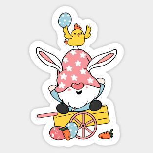 Cute Easter Gnome bunny ears cartoon and yellow chick baby on wooden cart with Easter eggs. Happy Easter, Cute doodle cartoon vector spring Easter clip art Sticker